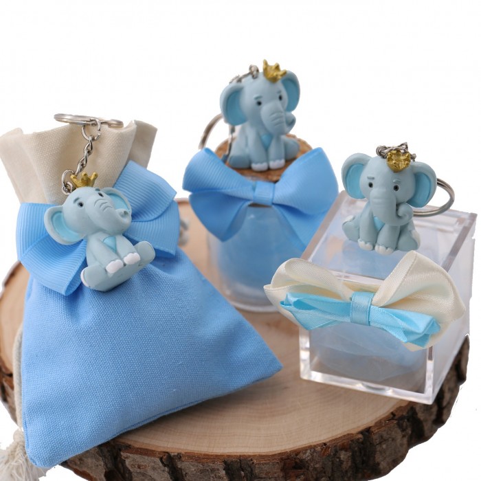 Elefantino azzurro e corona portachiavi Bomboniera Nascita e Battesimo Fai  da Te