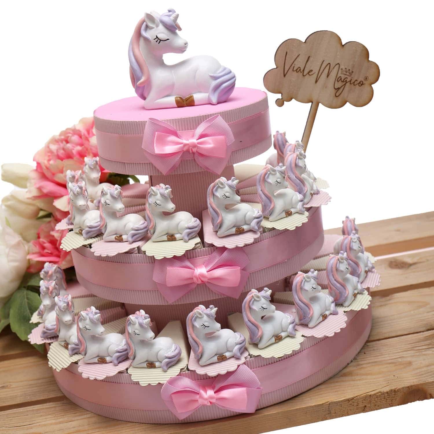 Torta bomboniere unicorno rosa, 21 fette con confetti, per battesimo
