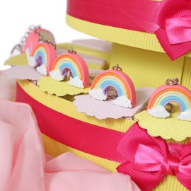 Prima Comunione bomboniere arcobaleno portachiavi su torta portaconfetti per bimba viale magico