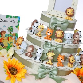 Bomboniere Battesimo Baby Safari Animali Statuine su torta portaconfetti con centrale incluso